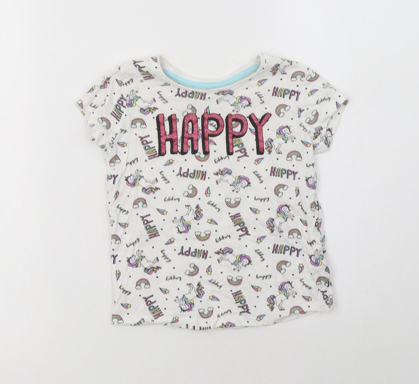 Primark Girls White Geometric Cotton Basic T-Shirt Size 3-4 Years Crew Neck  - Unicorn Print