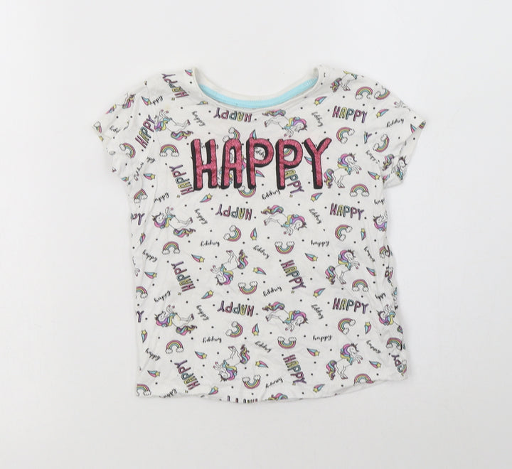 Primark Girls White Geometric Cotton Basic T-Shirt Size 3-4 Years Crew Neck  - Unicorn Print
