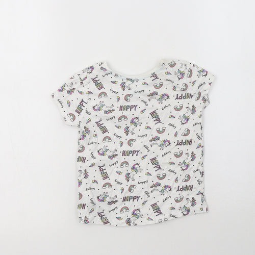 Primark Girls White Geometric Cotton Basic T-Shirt Size 3-4 Years Crew Neck  - Unicorn Print