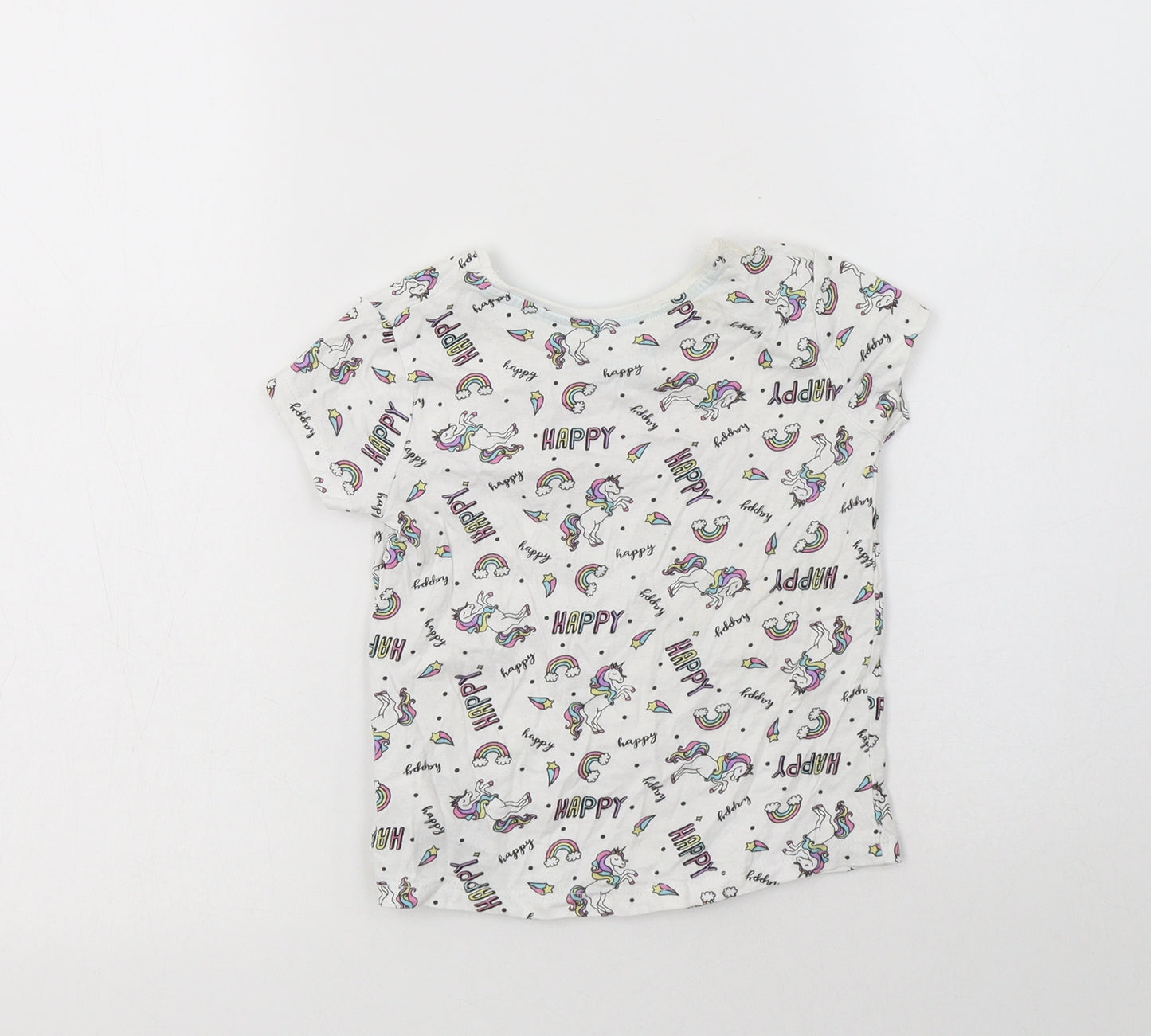 Primark Girls White Geometric Cotton Basic T-Shirt Size 3-4 Years Crew Neck  - Unicorn Print