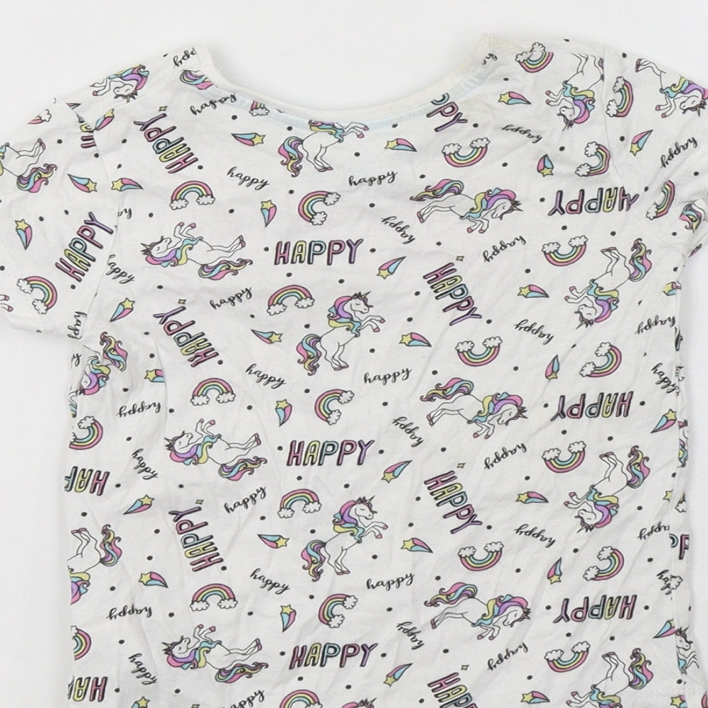 Primark Girls White Geometric Cotton Basic T-Shirt Size 3-4 Years Crew Neck  - Unicorn Print