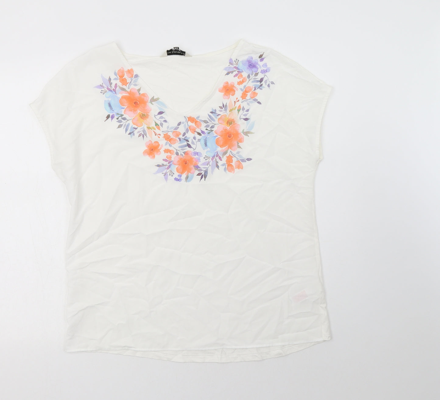 F&F Womens White Floral Cotton Basic Blouse Size 14 V-Neck