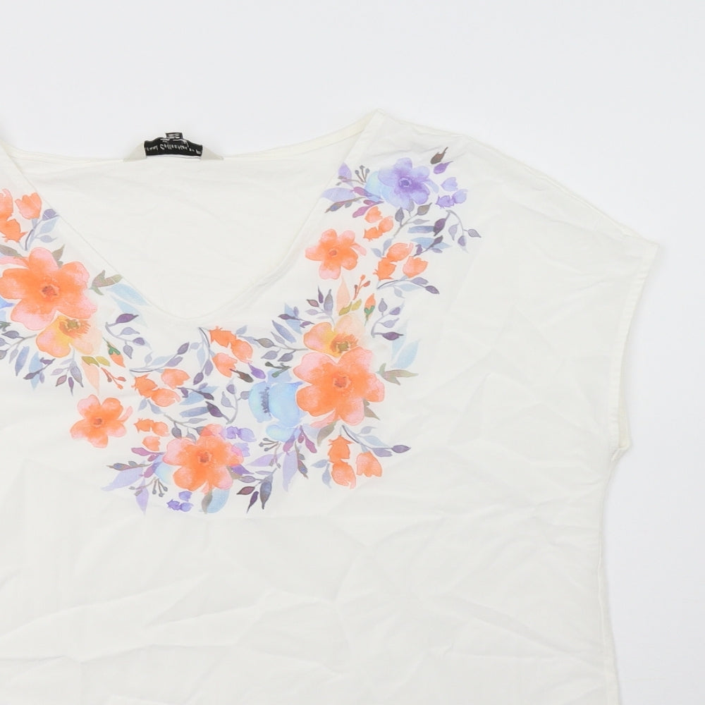 F&F Womens White Floral Cotton Basic Blouse Size 14 V-Neck