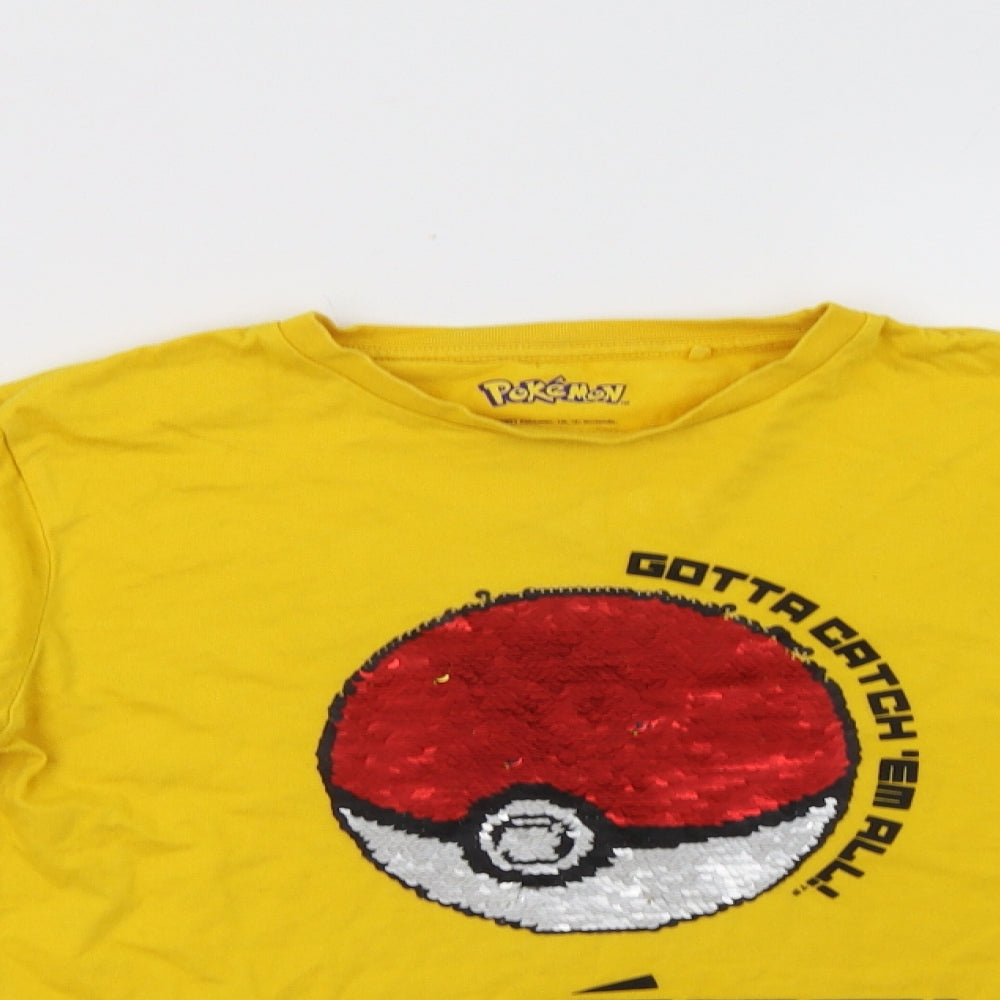 NEXT Girls Yellow  Cotton Basic Blouse Size 11 Years Crew Neck  - Pokemon