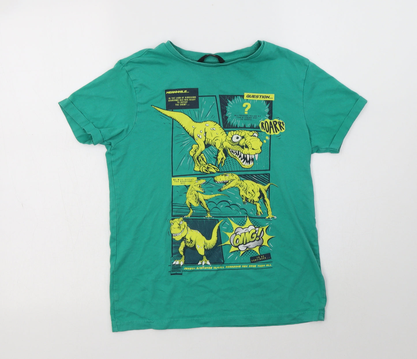 George Boys Green  Cotton Basic T-Shirt Size 10-11 Years Crew Neck  - Dinosaurs