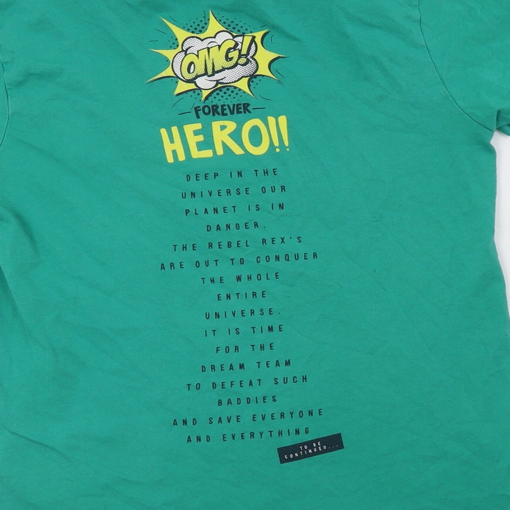 George Boys Green  Cotton Basic T-Shirt Size 10-11 Years Crew Neck  - Dinosaurs