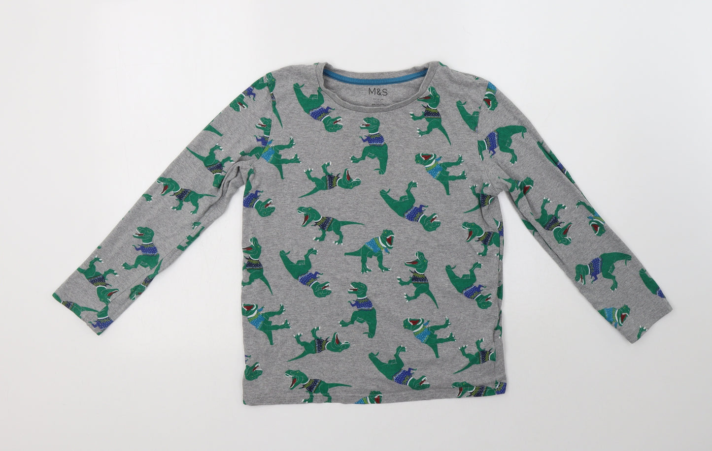 M&S Boys Grey Geometric Cotton Basic T-Shirt Size 11-12 Years Crew Neck  - Dinosaur Print