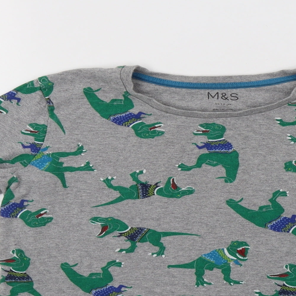 M&S Boys Grey Geometric Cotton Basic T-Shirt Size 11-12 Years Crew Neck  - Dinosaur Print