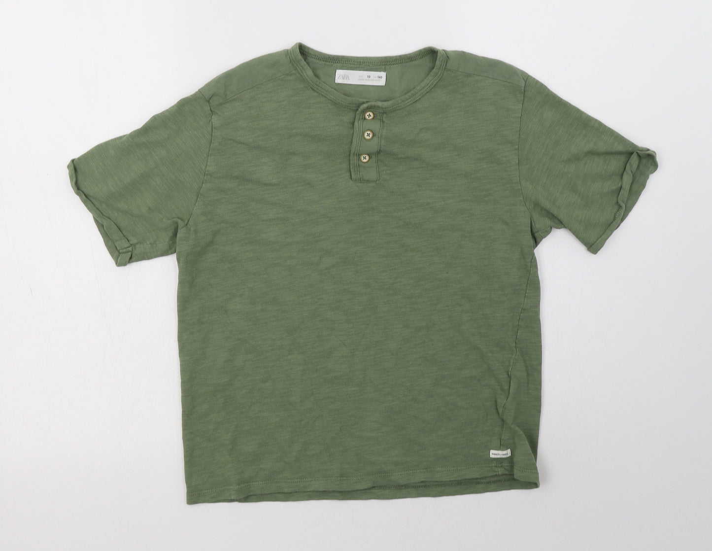 Zara Boys Green  Cotton Basic T-Shirt Size 10 Years Henley Button