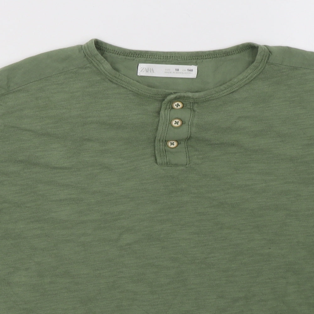 Zara Boys Green  Cotton Basic T-Shirt Size 10 Years Henley Button