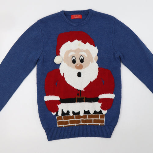 Primark Womens Blue Crew Neck  Acrylic Pullover Jumper Size S   - Santa