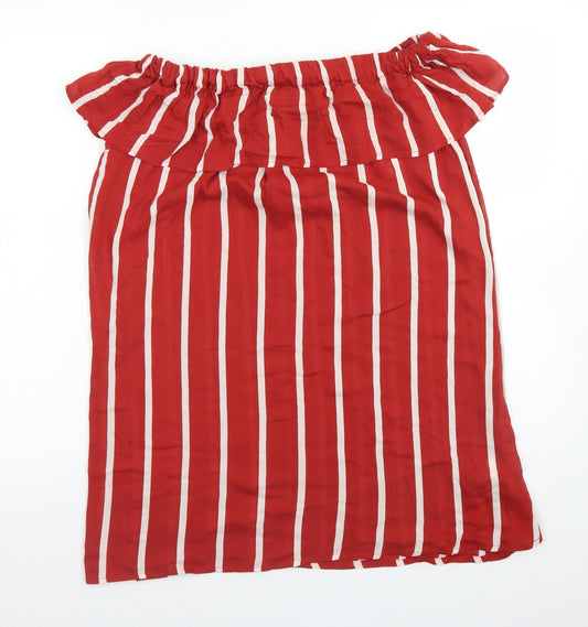 Front view of Primark women’s multicoloured striped viscose basic t-shirt, size UK 8, off the shoulder