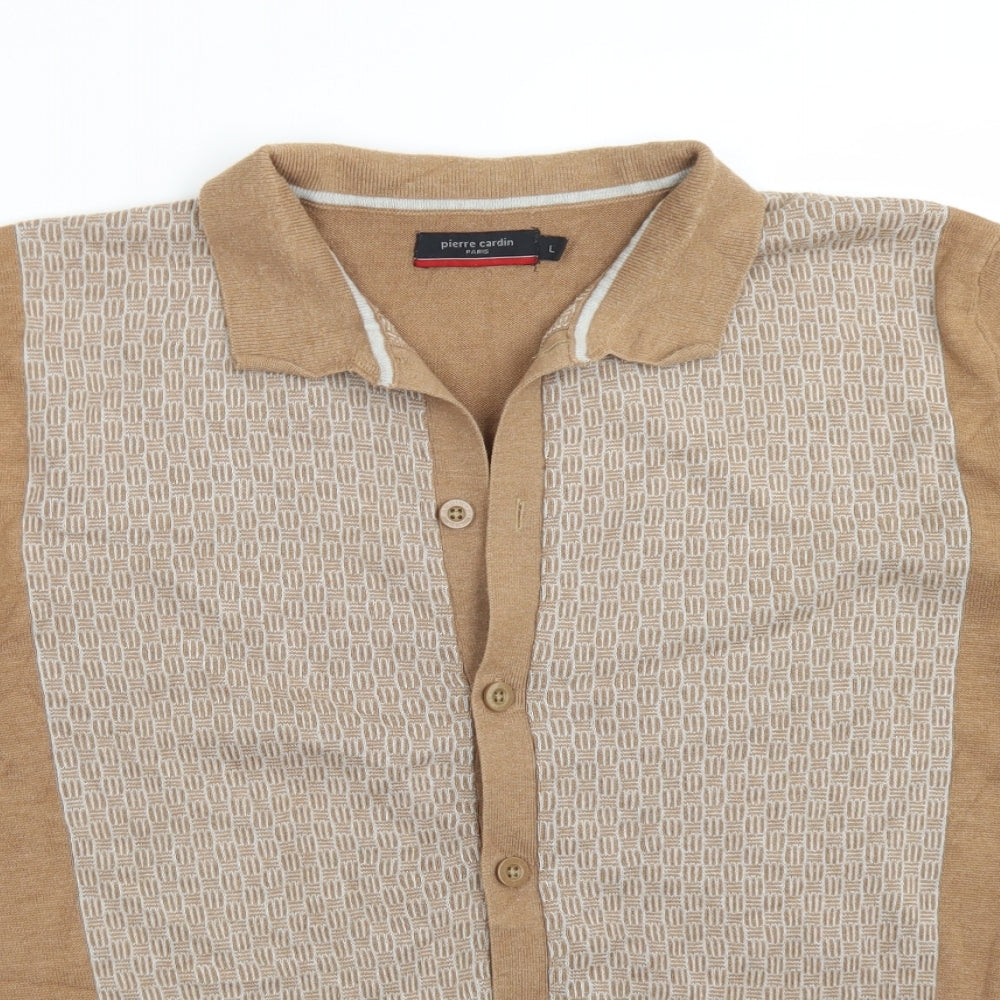 Pierre Cardin Mens Brown Geometric Cotton  Button-Up Size L Collared