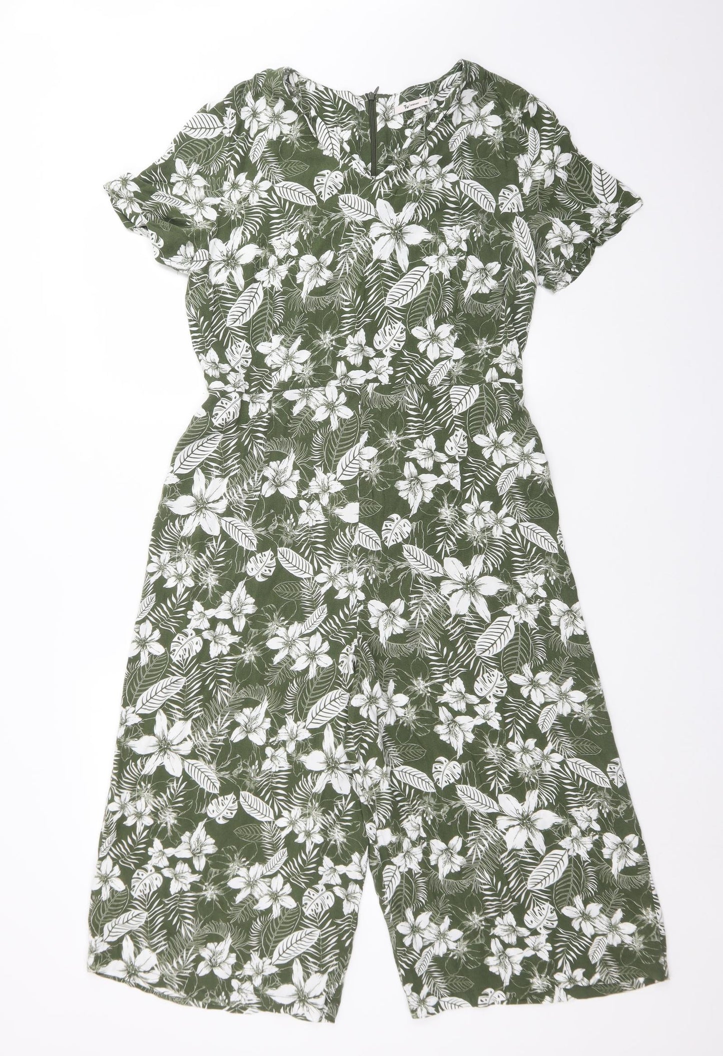 TU Womens Green Floral Viscose Jumpsuit One-Piece Size 14