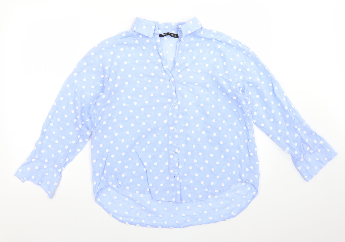 Zara Womens Blue Polka Dot  Basic Button-Up Size M Collared