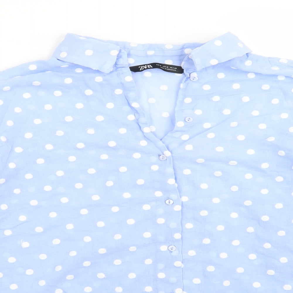 Zara Womens Blue Polka Dot  Basic Button-Up Size M Collared