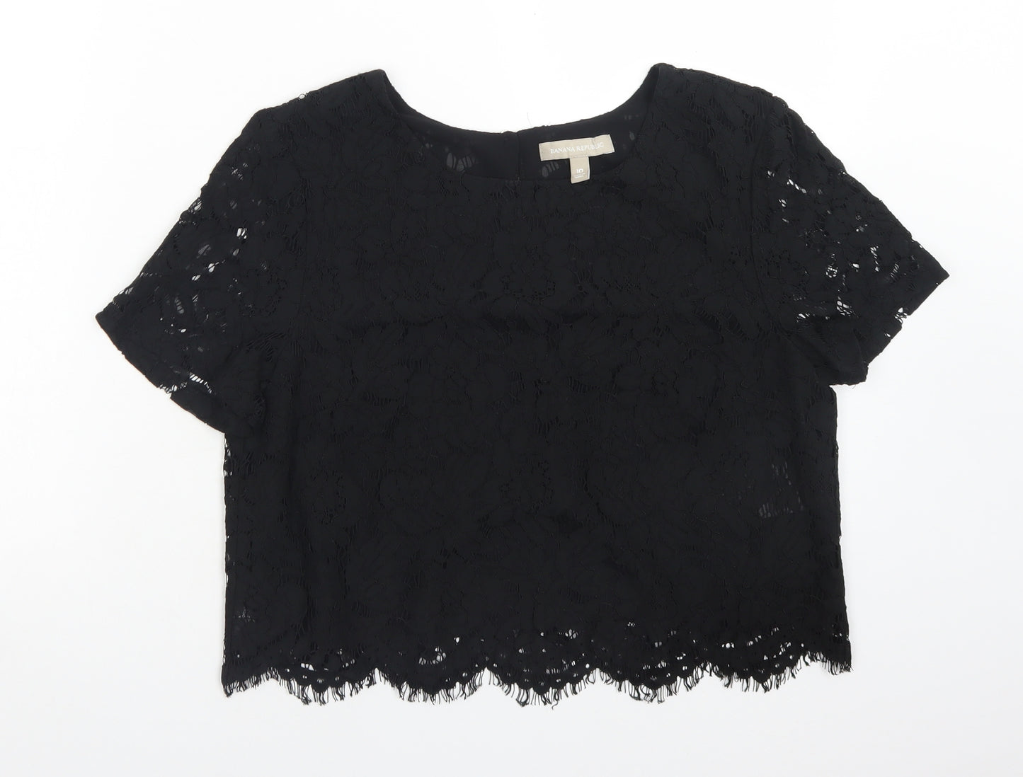 Banana Republic Womens Black Floral Nylon Basic T-Shirt Size 10 Round Neck