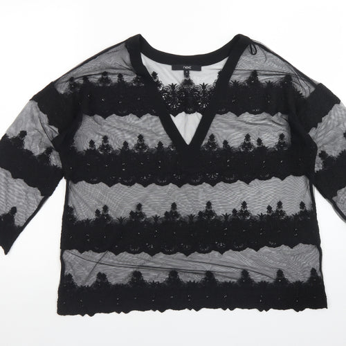 NEXT Womens Black Floral  Basic T-Shirt Size 12 V-Neck