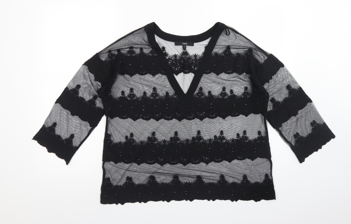 NEXT Womens Black Floral  Basic T-Shirt Size 12 V-Neck
