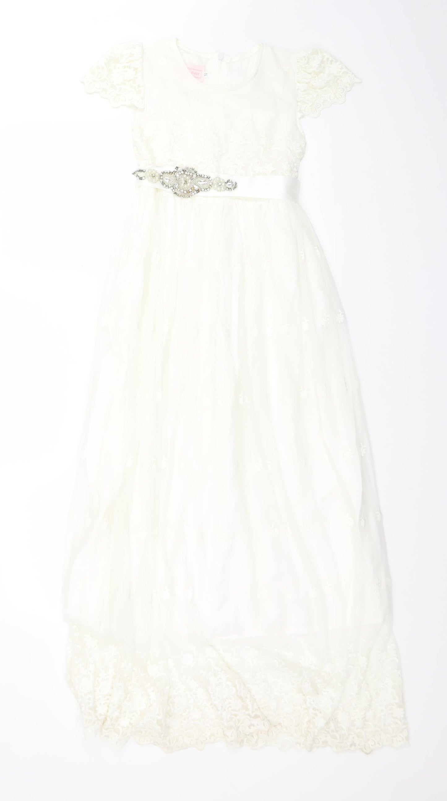 Think Pink Womens White Floral  Ball Gown  Size 10  Round Neck