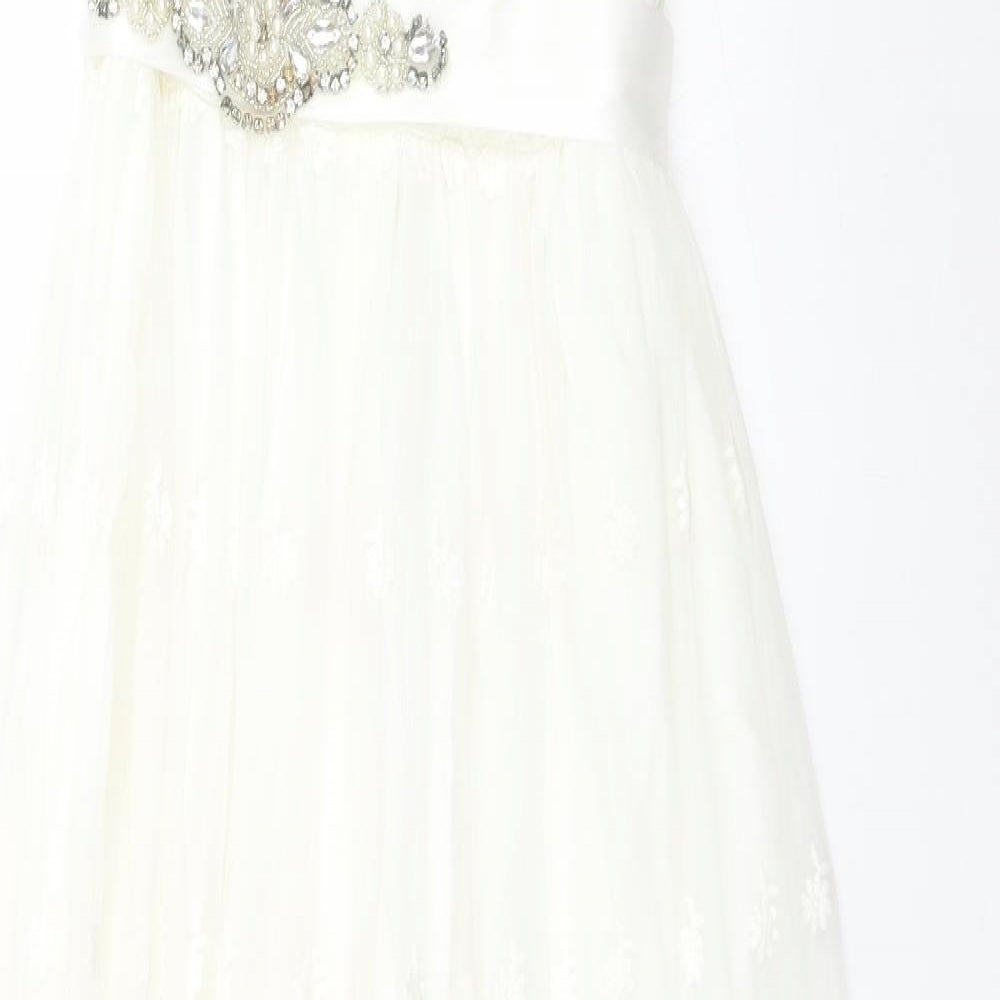 Think Pink Womens White Floral  Ball Gown  Size 10  Round Neck