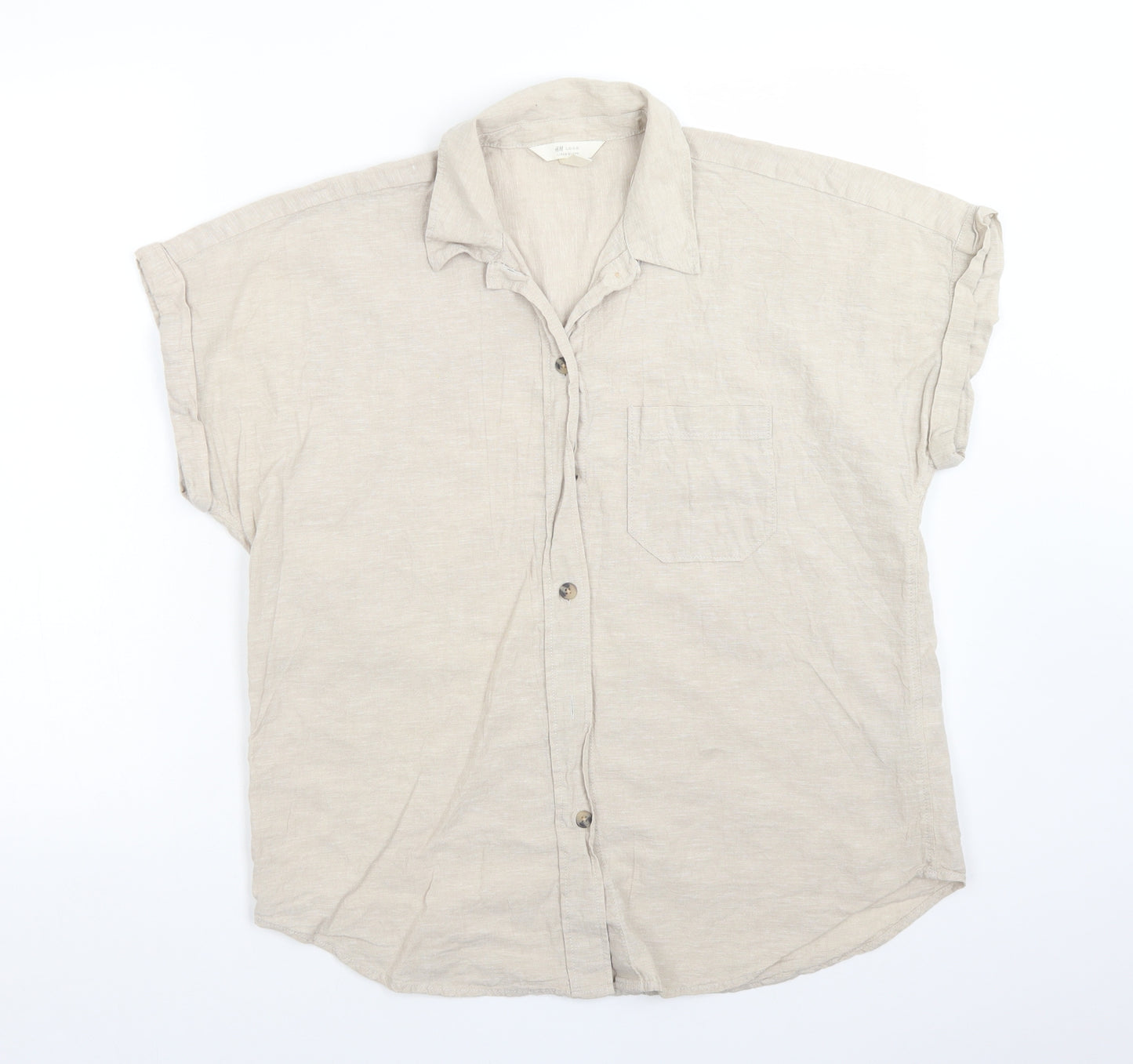 H&M Womens Beige  Linen Basic Button-Up Size 10 Collared