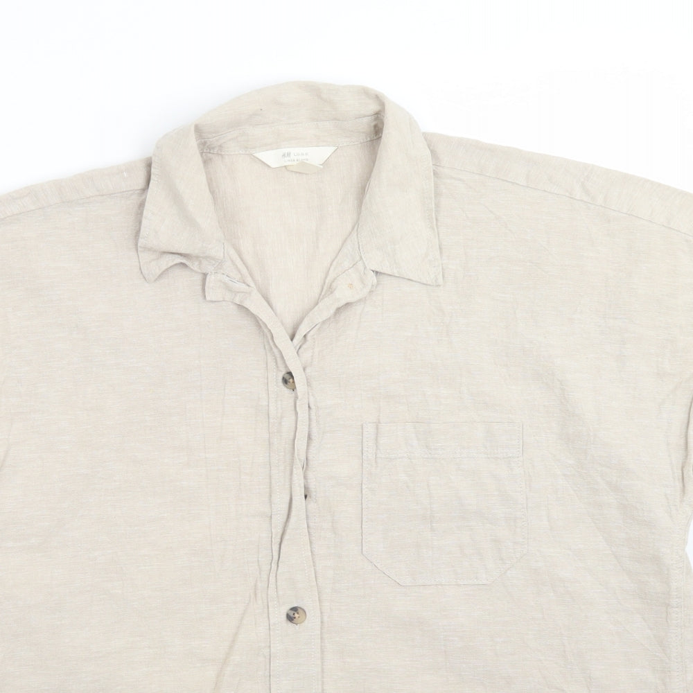 H&M Womens Beige  Linen Basic Button-Up Size 10 Collared
