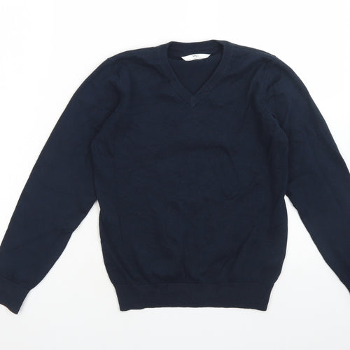 M&S Boys Blue V-Neck  Cotton Pullover Jumper Size 9-10 Years