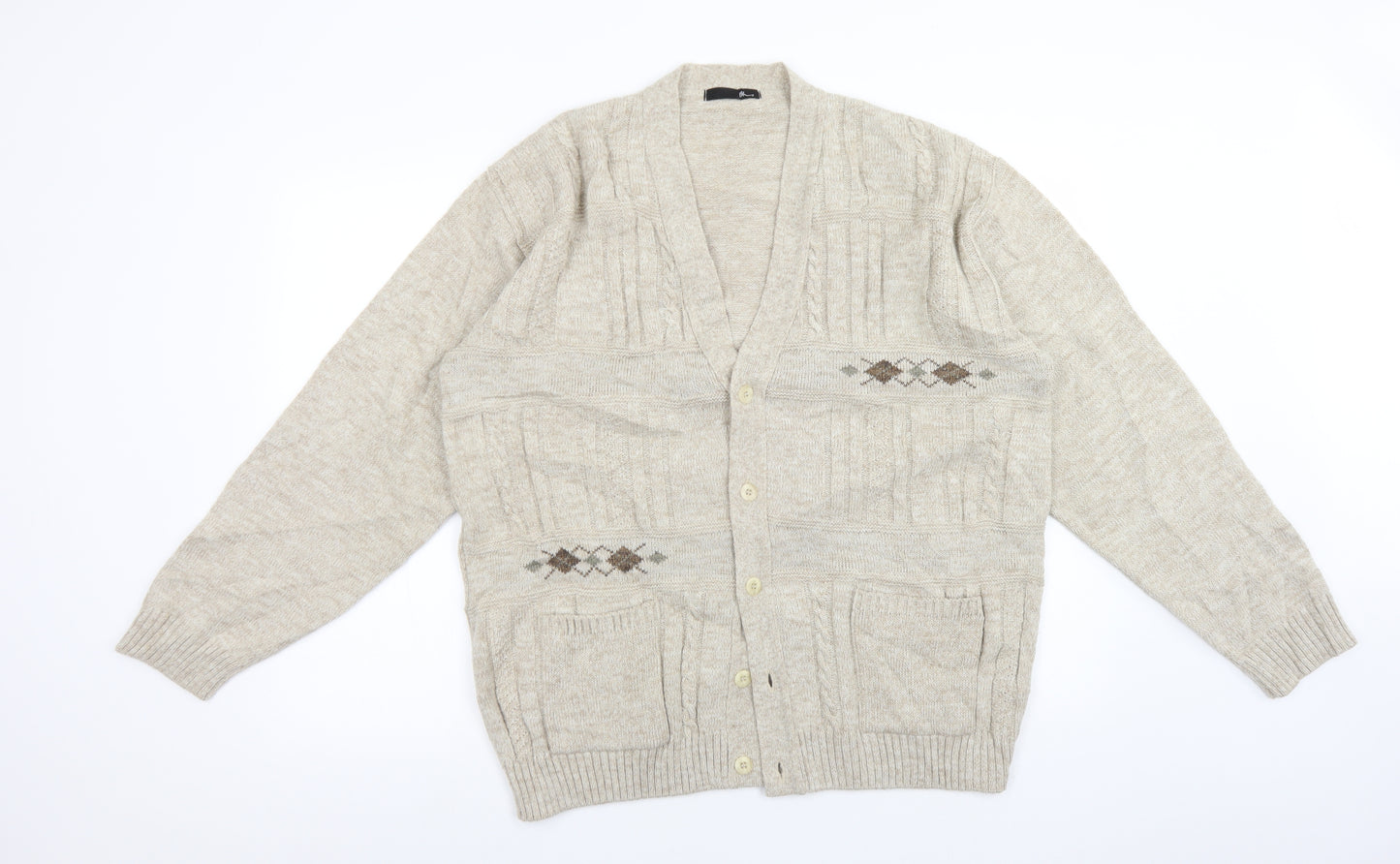 BHS Mens Beige V-Neck Argyle/Diamond Acrylic Cardigan Jumper Size M