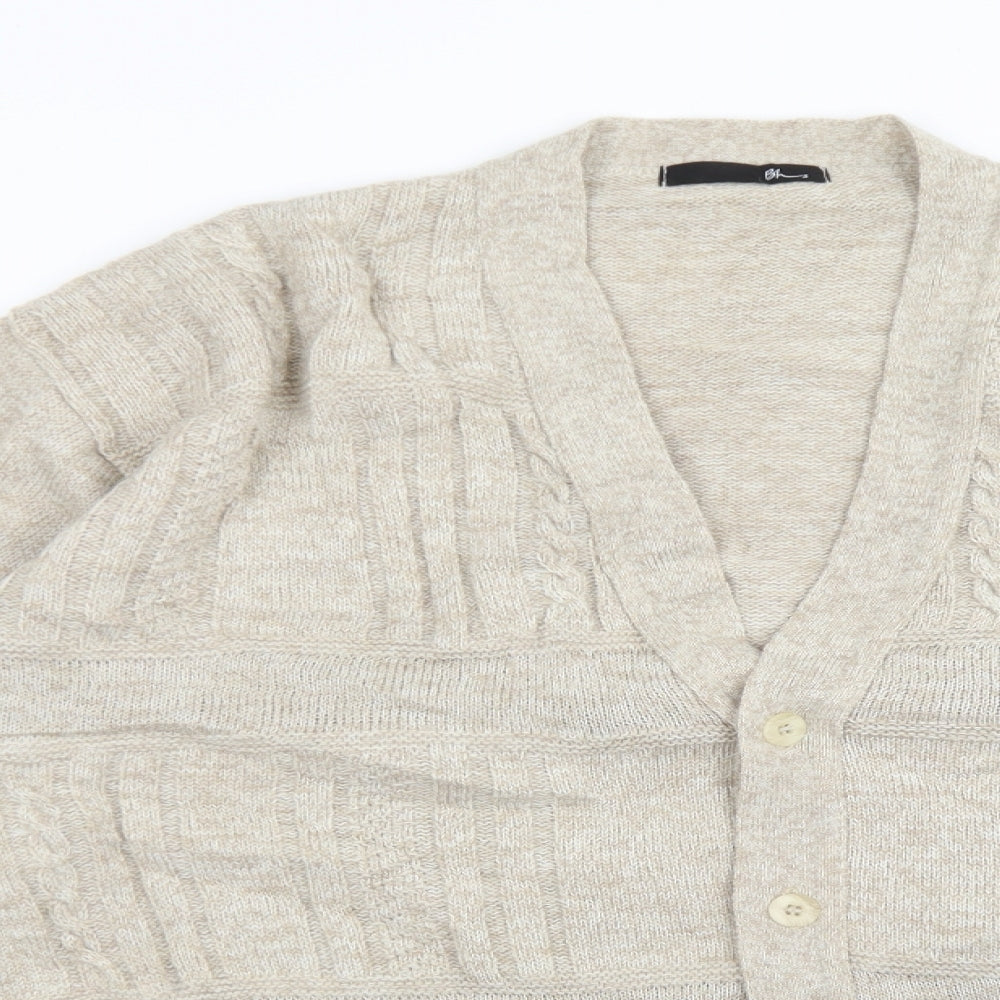 BHS Mens Beige V-Neck Argyle/Diamond Acrylic Cardigan Jumper Size M