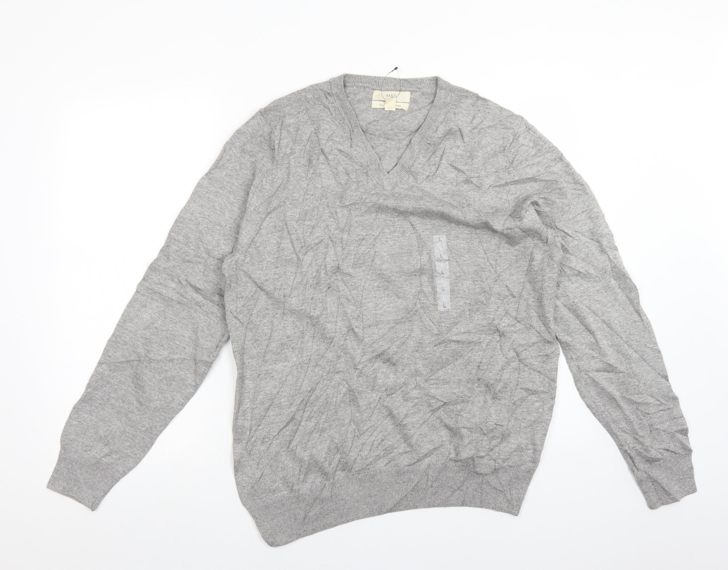 M&S Mens Grey V-Neck  Cotton Pullover Jumper Size L