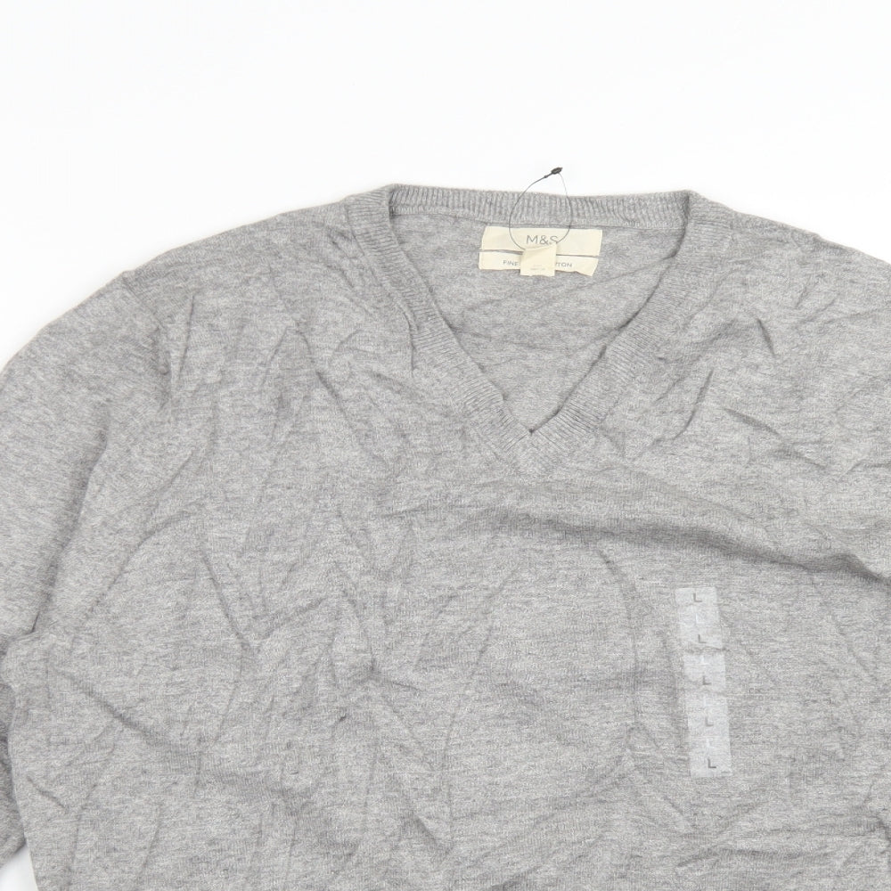 M&S Mens Grey V-Neck  Cotton Pullover Jumper Size L