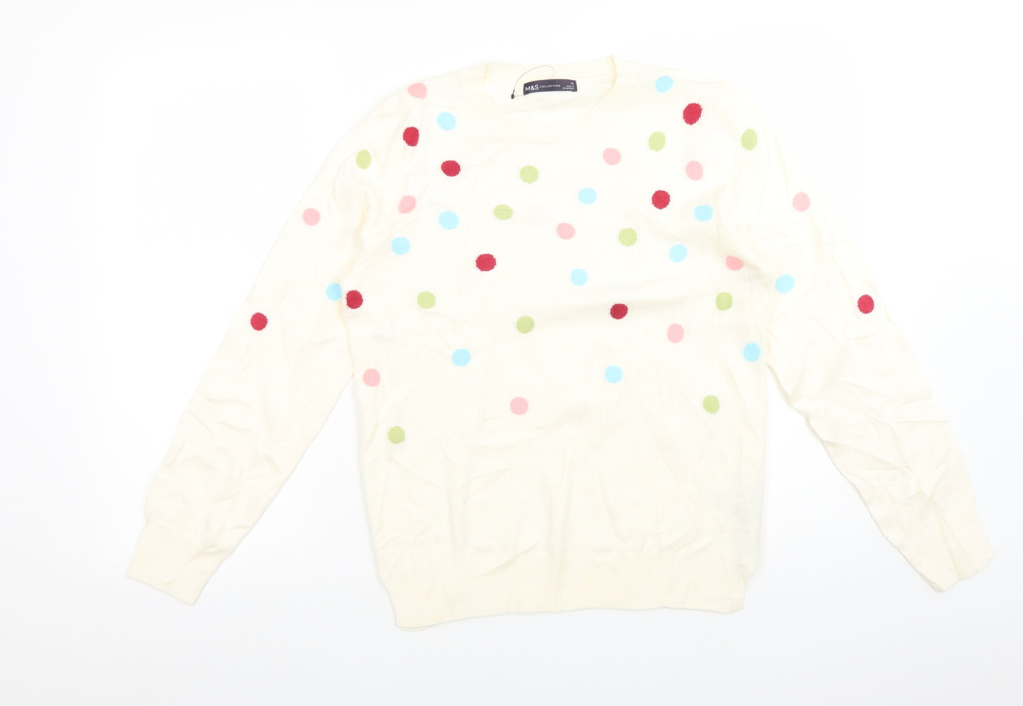 M&S Womens White Crew Neck Polka Dot Acrylic Pullover Jumper Size 10