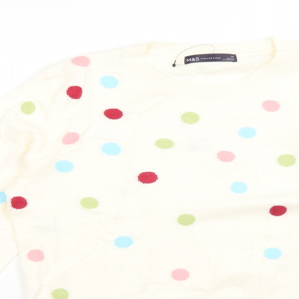 M&S Womens White Crew Neck Polka Dot Acrylic Pullover Jumper Size 10