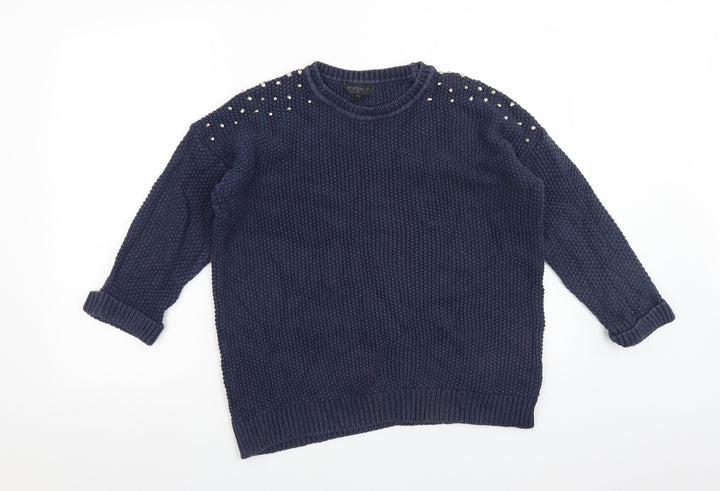 Topshop Womens Blue Crew Neck Cotton Pullover Jumper Size 10
