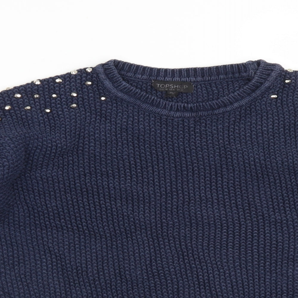 Topshop Womens Blue Crew Neck  Cotton Pullover Jumper Size 10