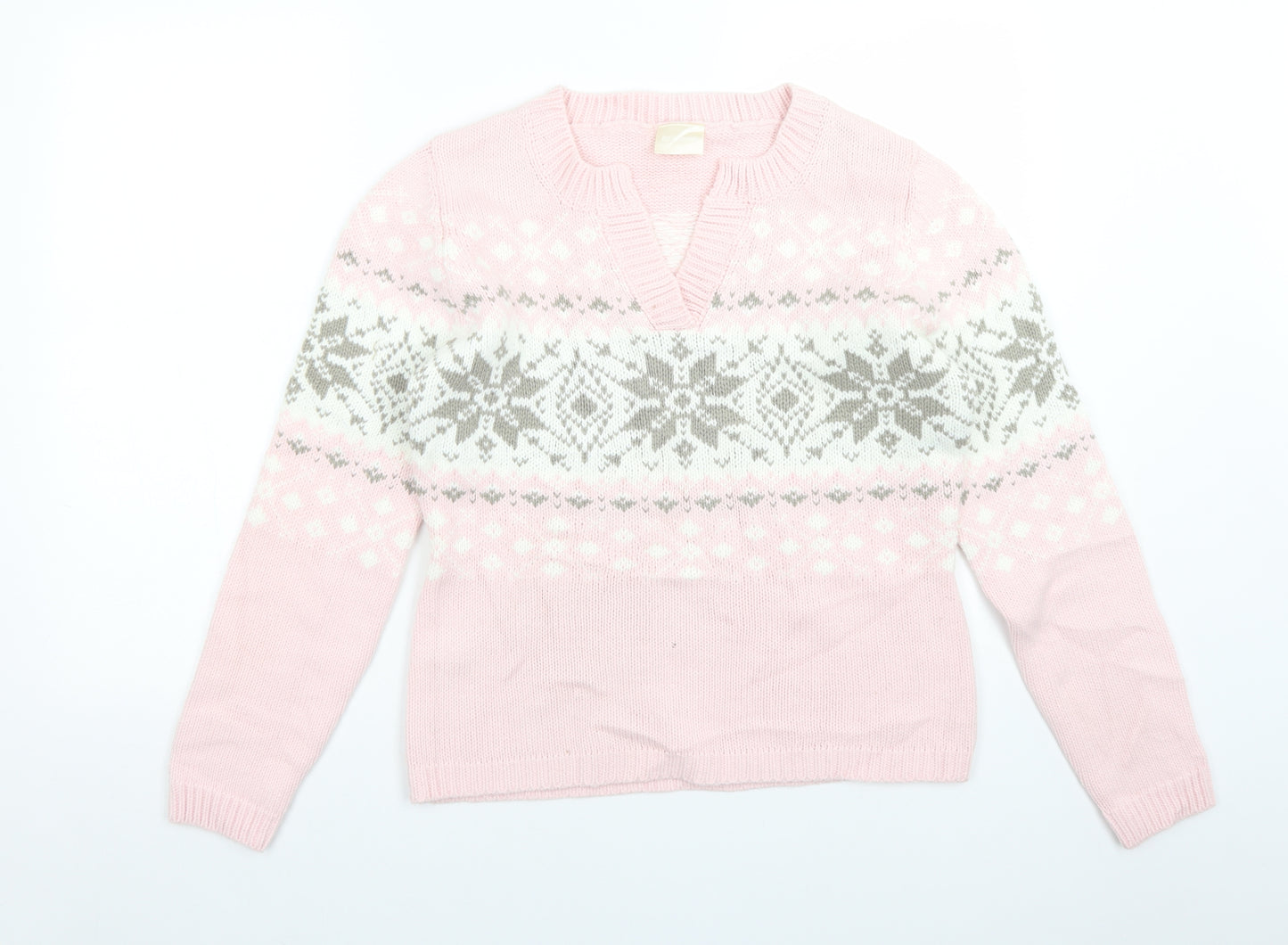 For Women Womens Pink V-Neck Fair Isle Acrylic Pullover Jumper Size 14