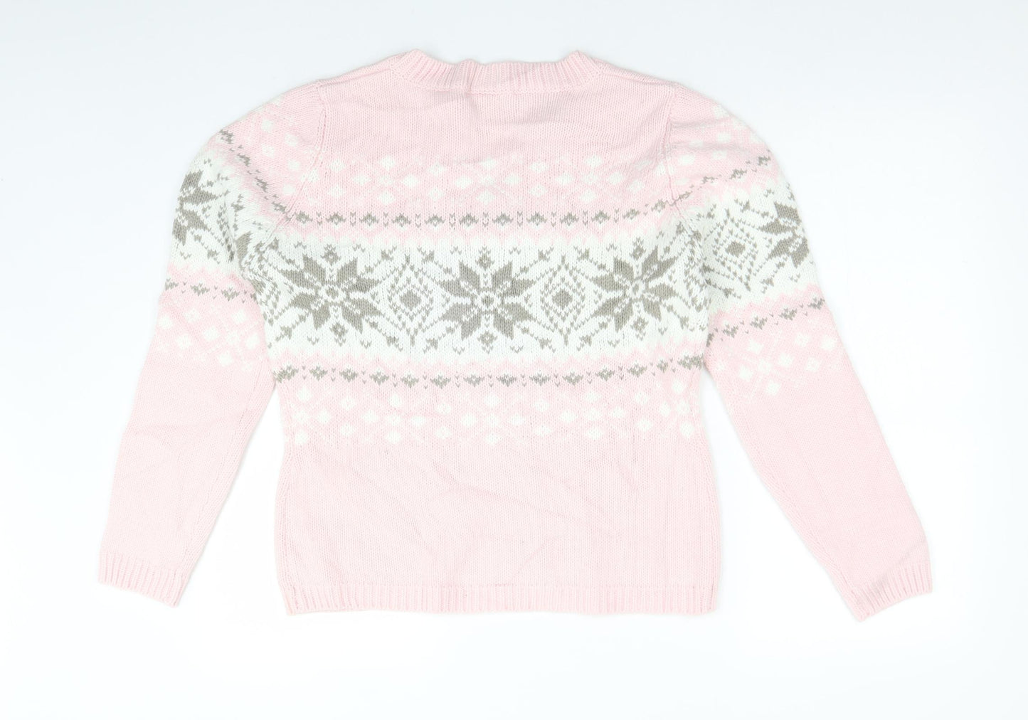 For Women Womens Pink V-Neck Fair Isle Acrylic Pullover Jumper Size 14