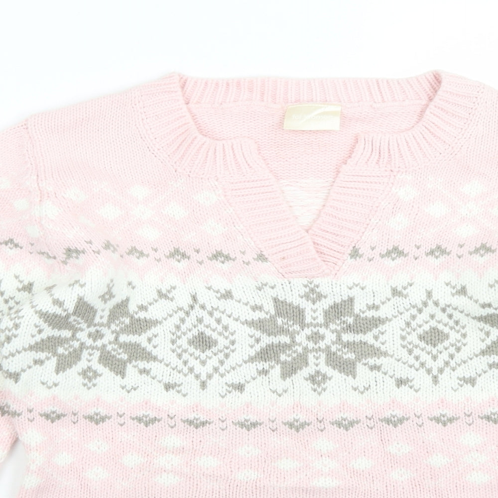 For Women Womens Pink V-Neck Fair Isle Acrylic Pullover Jumper Size 14