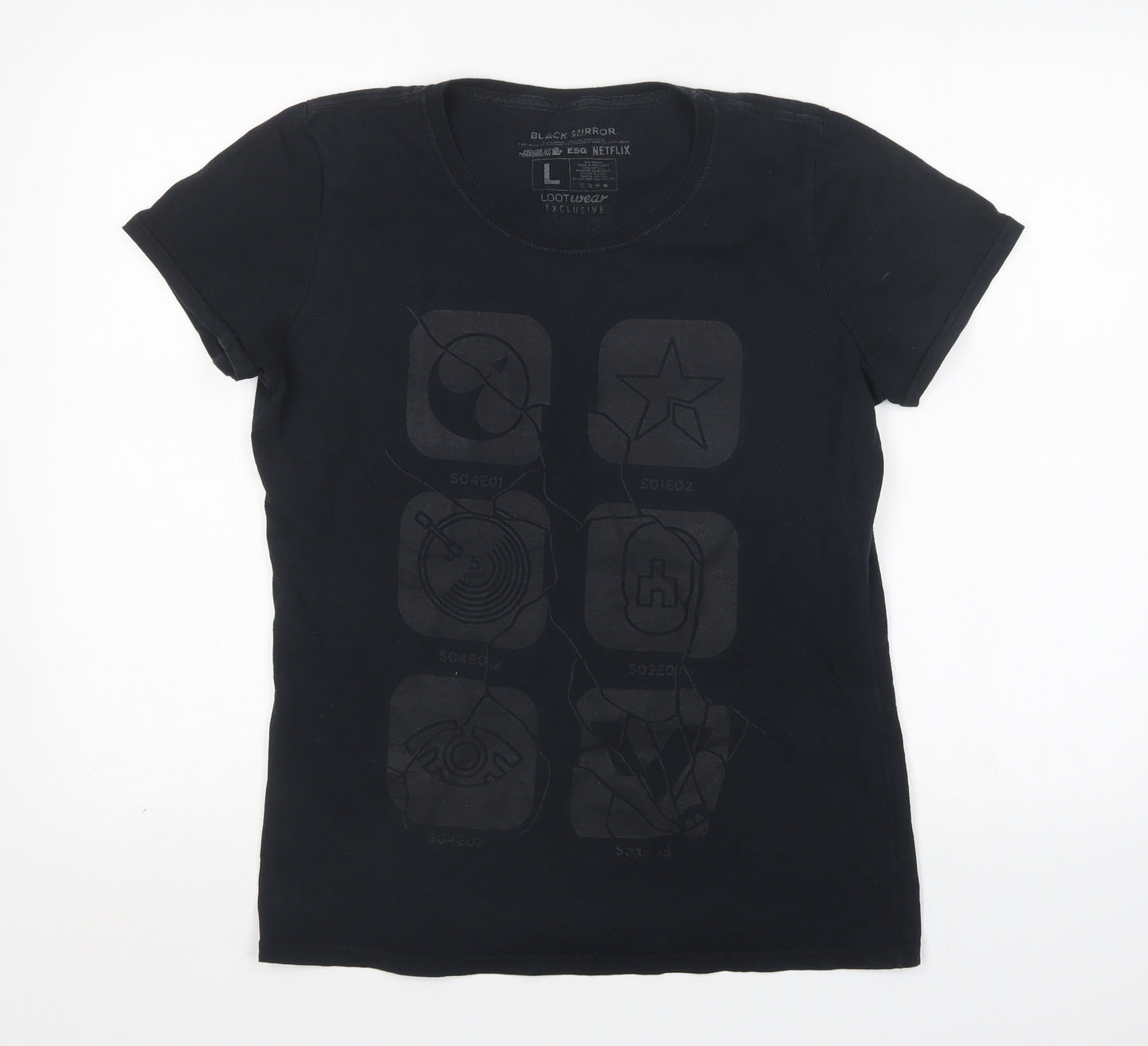 Lootwear Womens Black  Cotton Basic T-Shirt Size L Round Neck - Black Mirror