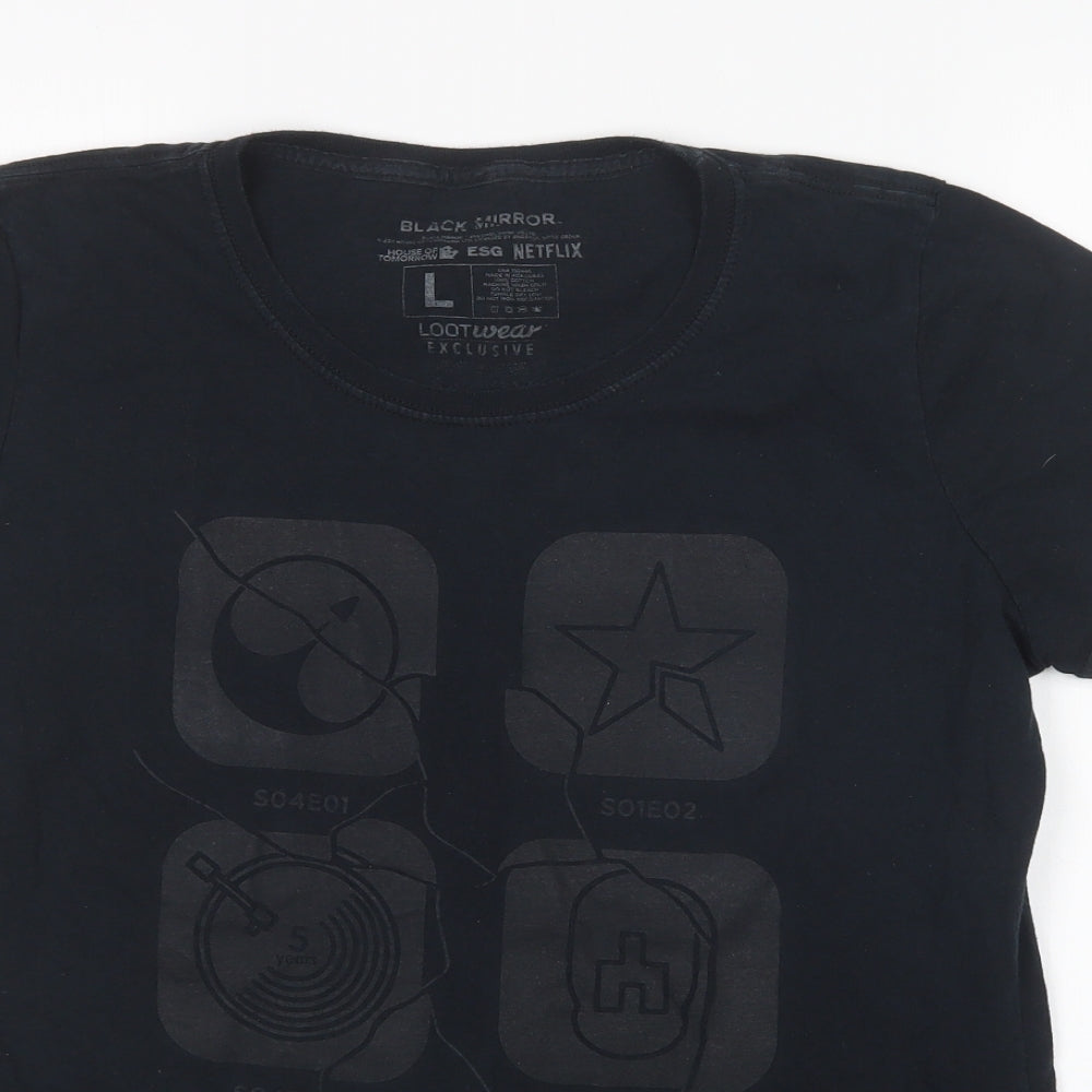 Lootwear Womens Black  Cotton Basic T-Shirt Size L Round Neck - Black Mirror