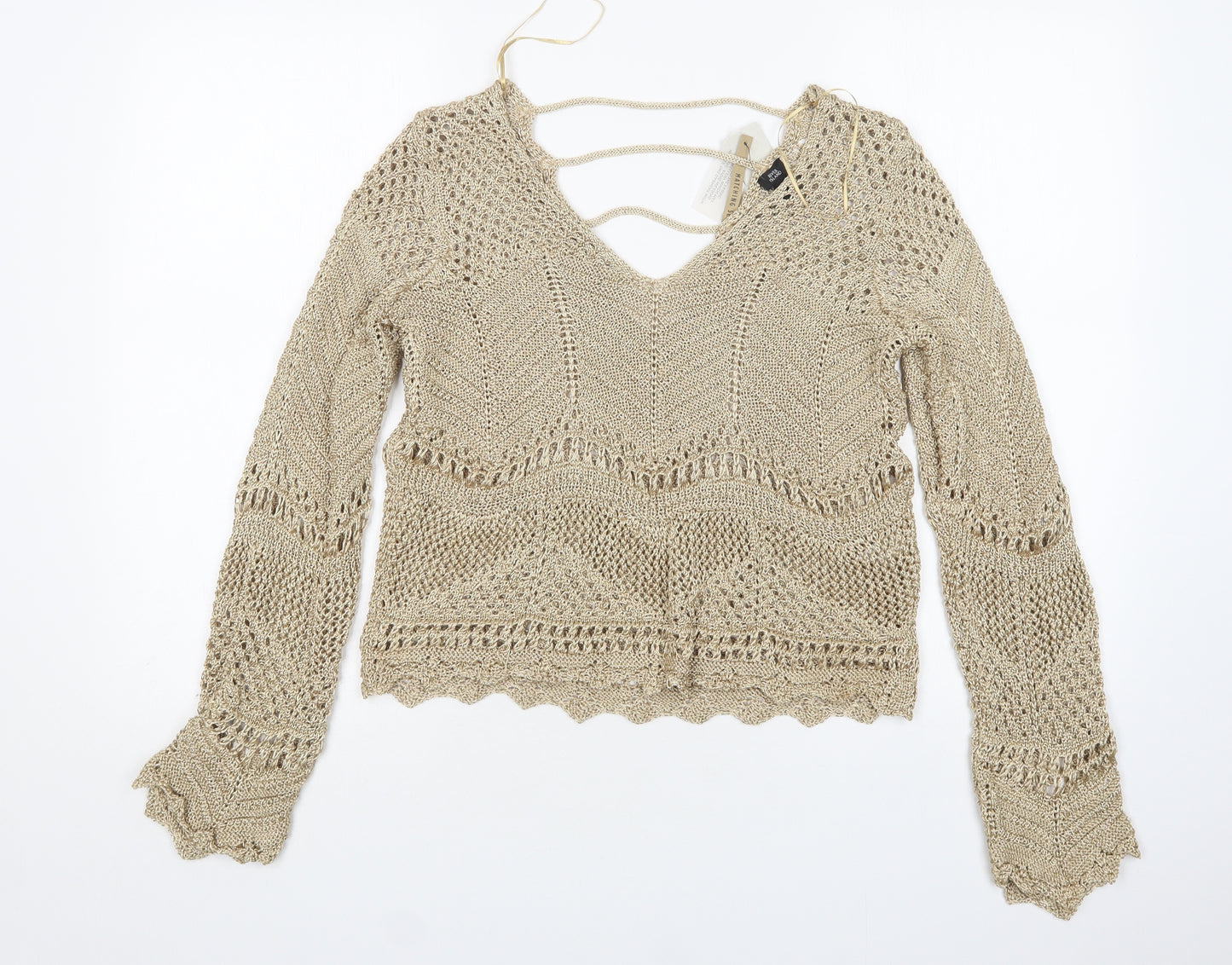 River Island Womens Gold V-Neck  Polyester Pullover Jumper Size 14