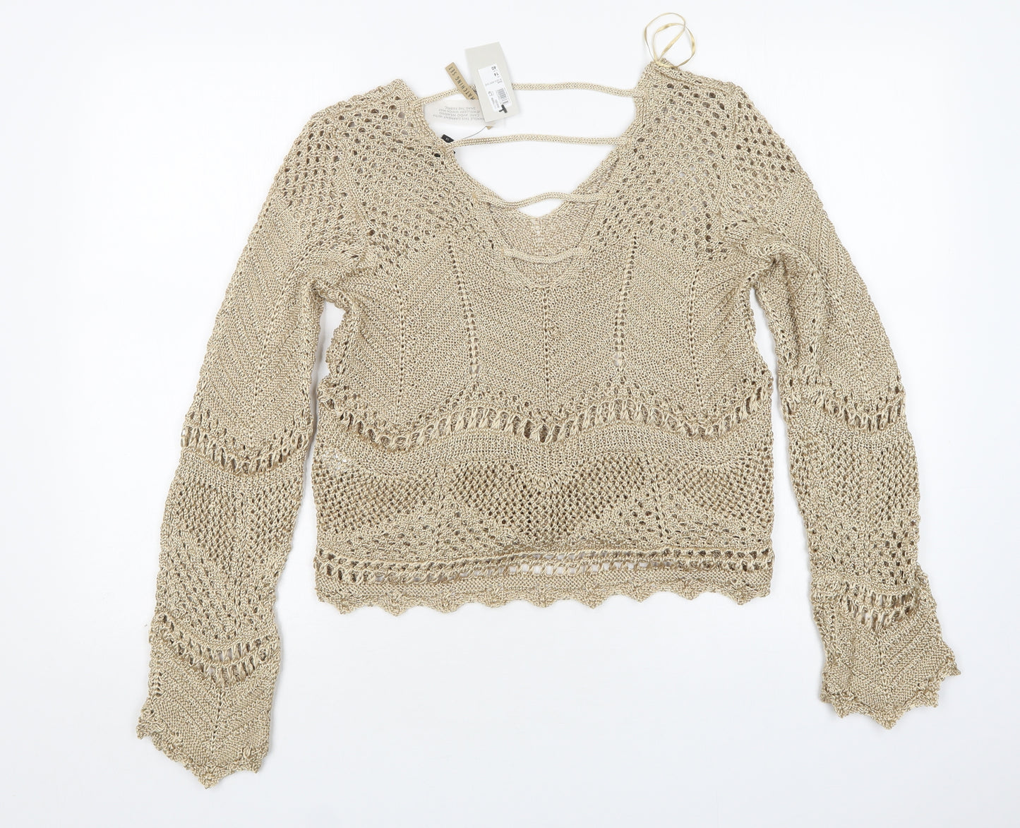 River Island Womens Gold V-Neck  Polyester Pullover Jumper Size 14