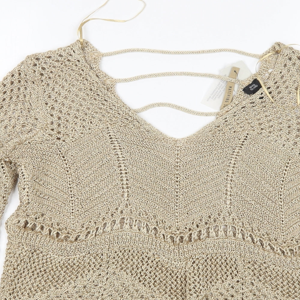 River Island Womens Gold V-Neck  Polyester Pullover Jumper Size 14