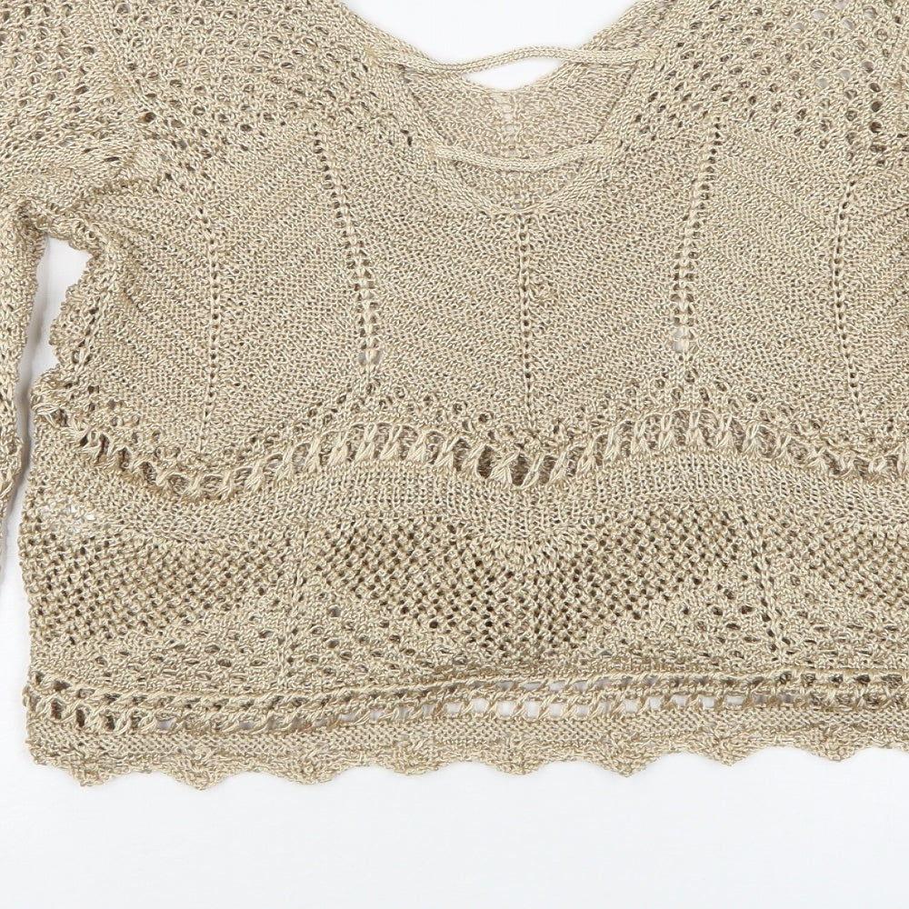 River Island Womens Gold V-Neck  Polyester Pullover Jumper Size 14