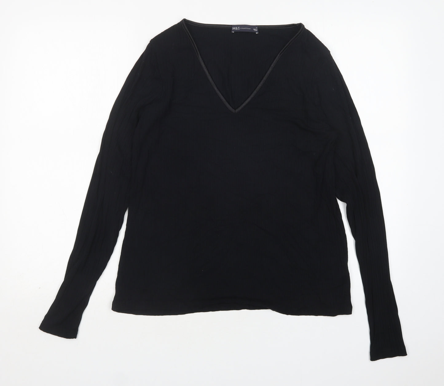 M&S Womens Black  Viscose Basic T-Shirt Size 16 V-Neck