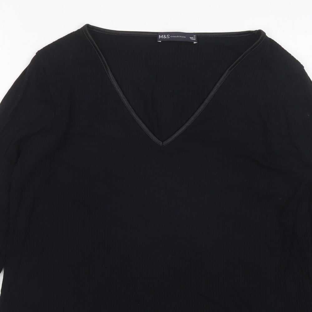 M&S Womens Black  Viscose Basic T-Shirt Size 16 V-Neck