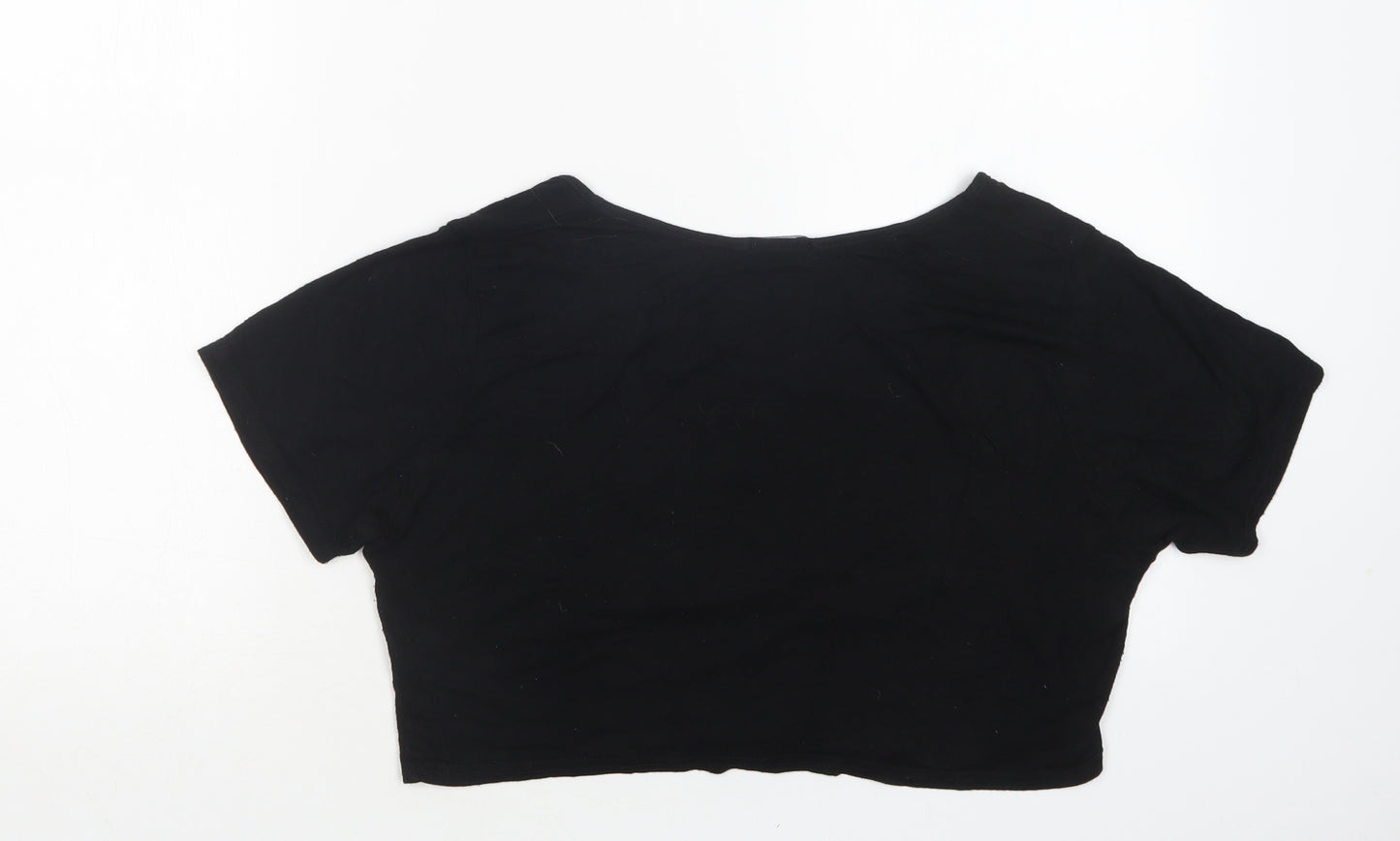 PRETTYLITTLETHING Womens Black  Viscose Cropped T-Shirt Size 16 Round Neck