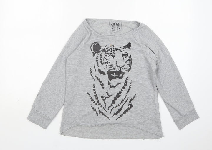 Young Dimension Girls Grey Round Neck Animal Print Cotton Pullover Jumper Size 12-13 Years