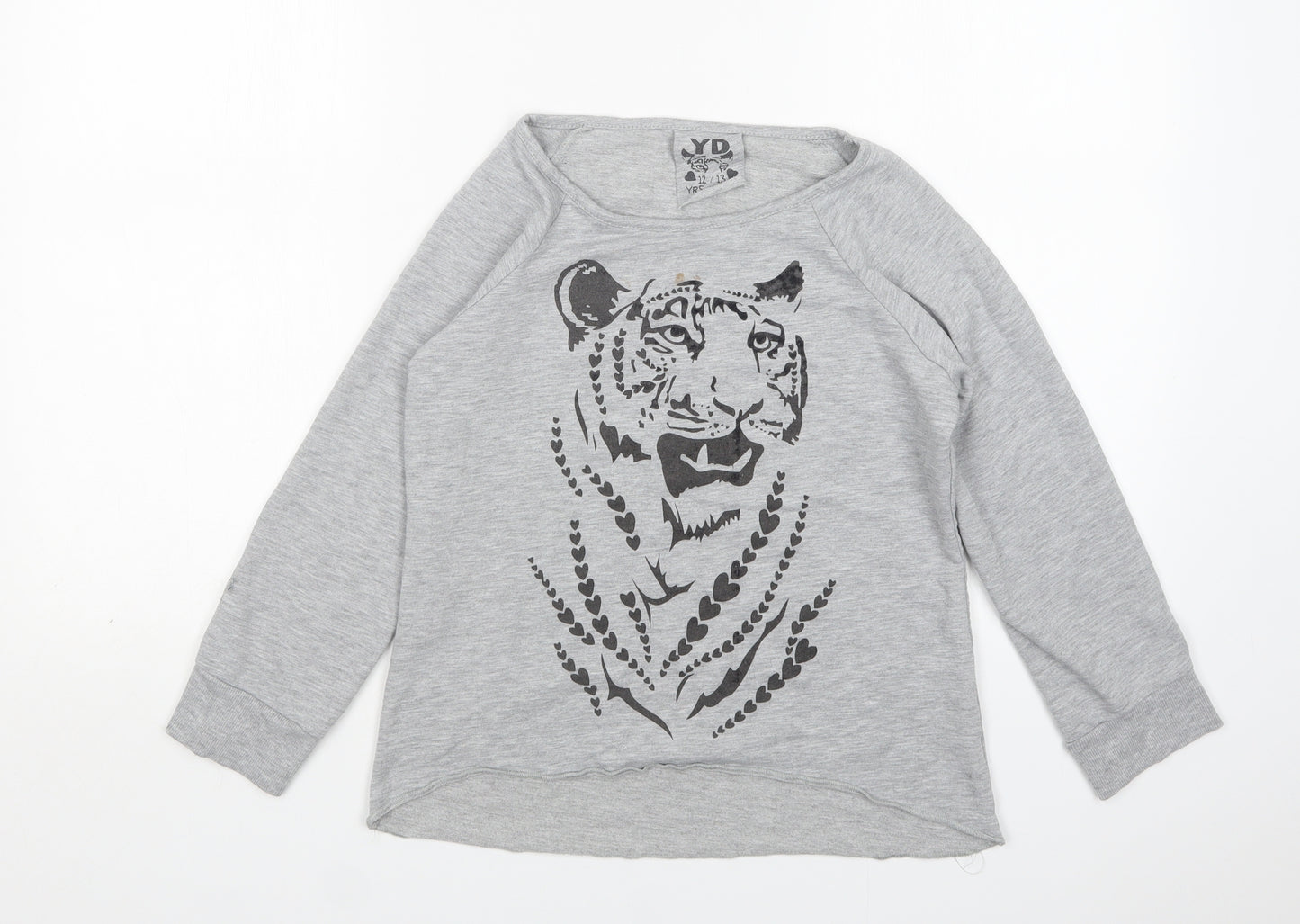 Young Dimension Girls Grey Round Neck Animal Print Cotton Pullover Jumper Size 12-13 Years